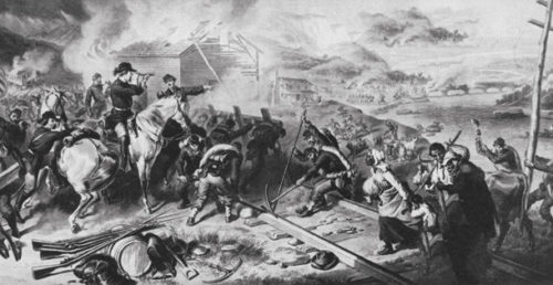 Scene from General Tecumseh Sherman's March to the Sea, with Union soldiers tearing up railroad tracks and, in the background, a house is burining.