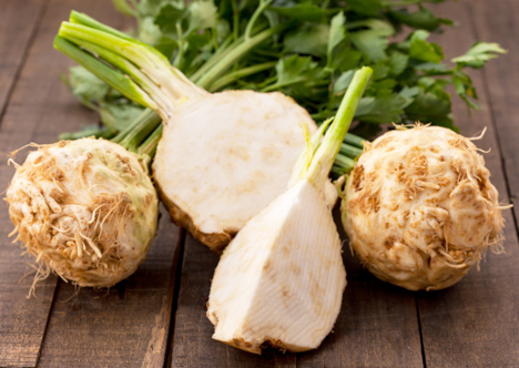 The root of a celeriac sliced.