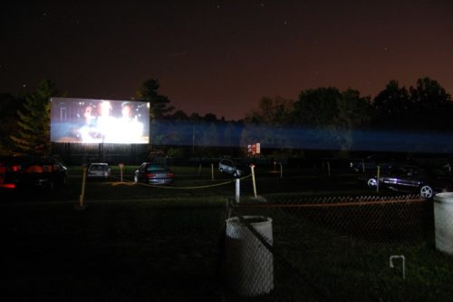 A drive-in theatre at night.