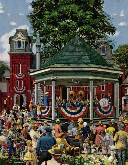 Brass band plays patriotic music in a park gazebo.