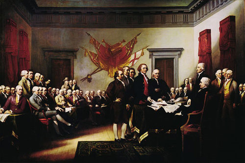 Scene of delegates signing the Declaration of Independence.