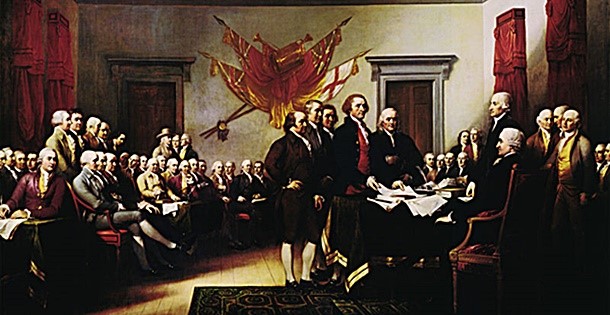 Scene of delegates signing the Declaration of Independence.