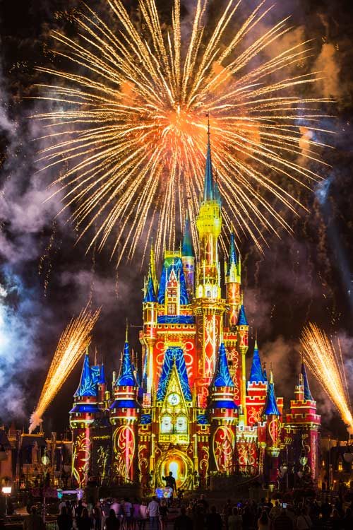 The castle at Disney World's Magic Kingdom during a fireworks display.