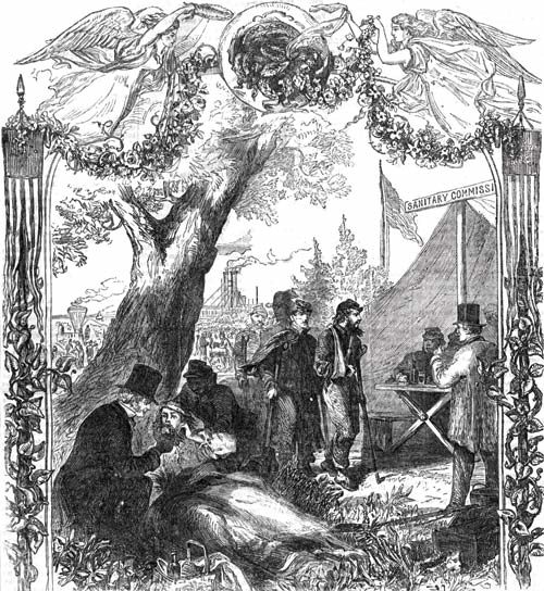 Illustration of wounded Civil War soldiers being treated at a Sanitation Commission camp.