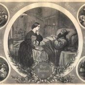 Illustration of Louisa May Alcott tending to a wounded veteran at bedside.