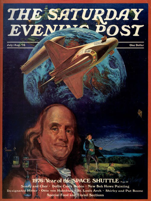 Illustration of an early Space Shuttle concept, with the Earth in the background and Ben Franklin smiling below.