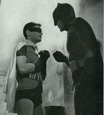 Burt Ward and Adam West on set of the 1960s Batman TV show