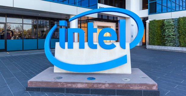 The Intel logo sign outside The Intel Museum in Santa Clara, California.