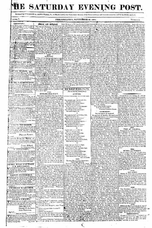 The front page of an early 19th century issue of the Saturday Evening Post.