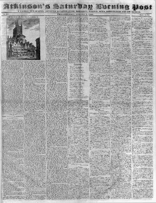 The front page of an early 19th century issue of the Saturday Evening Post. Features an image in the upper-right hand corner, representing an advancement in printing.
