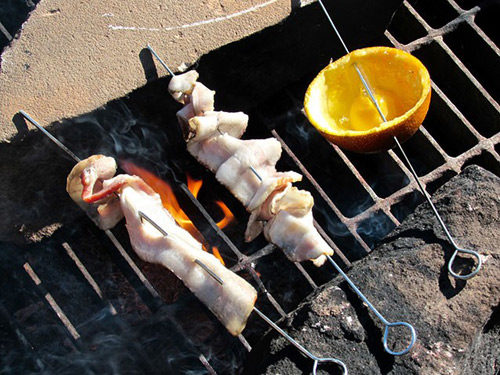 Skewered bacon cooking over a campfire grill.