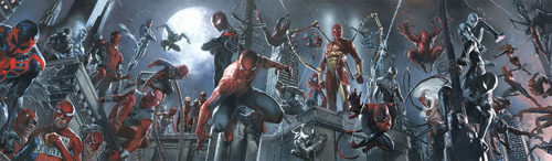 Various Spiderman charcters pose on city rooftops