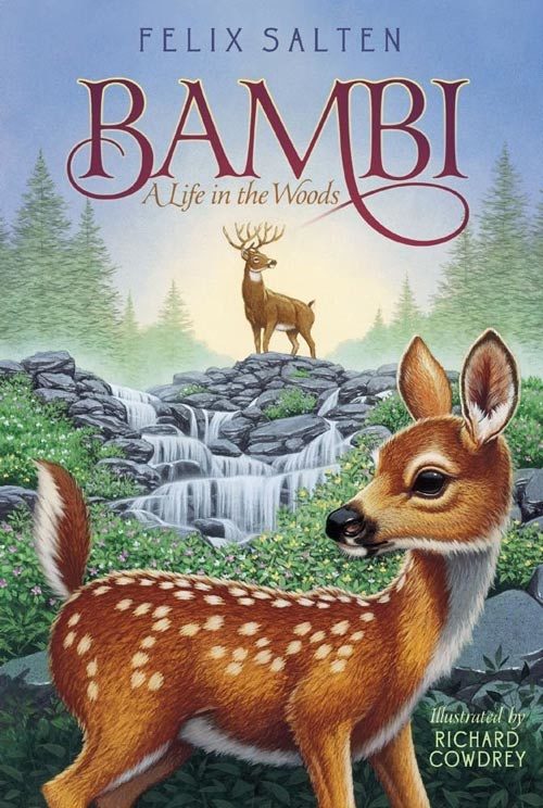 The cover of the children's book, Bambi. Featuring a fawn and a deer