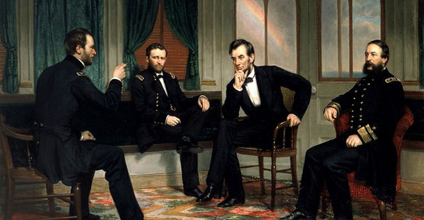 Abraham Lincoln conferring with his generals U.S. Grant, William T. Sherman, and Rear Admiral David Dixon Porter.