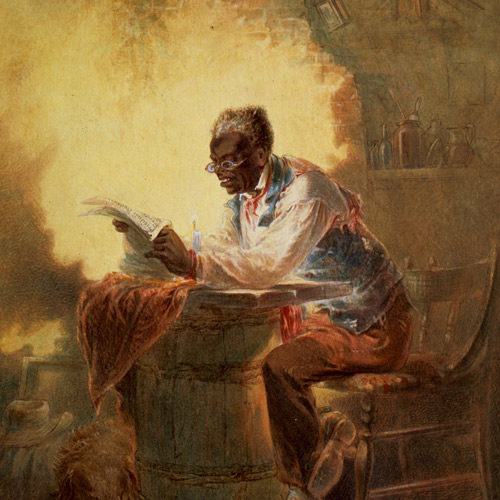 An African-American reading a newspaper about the Emancipation Proclamation by candlelight.