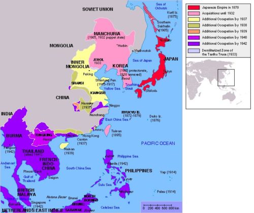 Map of East Asia through 1942, showing Japanese-occupied land.