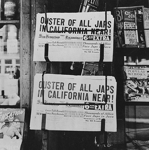 Newsstand with copies of the San Fancisco Examiner with anti-Japanese sentiment.