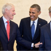 Presidents Jimmy Carter, Bill Clinton, Barack Obama, and George W. Bush share a moment.