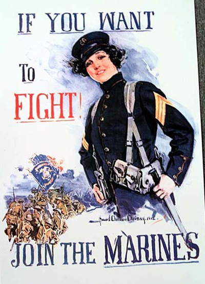World War I era poster for enlistment. Features a woman dressed as a marine.