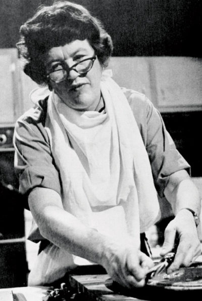 Julia Child at work at her studio kitchen.