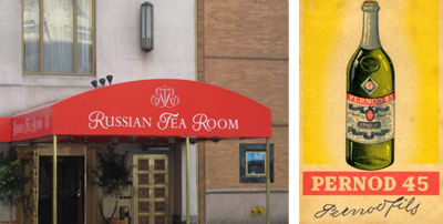The front door of the Russian Tea Room with a red awning, and a bottle of pernod.