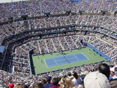 Bleacher view of the tennis court at Arthur Ashe stadium