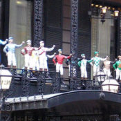 Facade of 21 club; jockey statues stand on the balcony