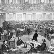 Illustration of the U.S. Senate chamber during President Johnson's impeachment trail. The room is full of senators.