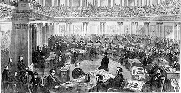 Illustration of the U.S. Senate chamber during President Johnson's impeachment trail. The room is full of senators.