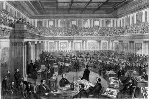 Illustration of the U.S. Senate chamber during President Johnson's impeachment trail. The room is full of senators.