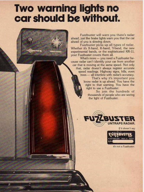 A full-page ad for the Fuzzbuster from an old issue of Penthouse. The device sits on a car's tailight.