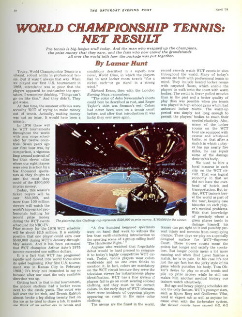First page for the article, "World Championship Tennis: Net Result".