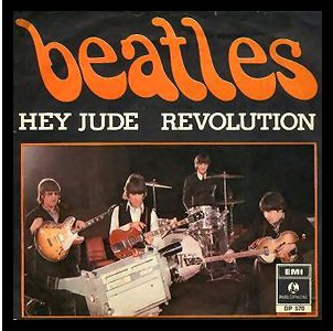The cover of the Beatles' single "Hey Jude", depicting the band's members with their instruments