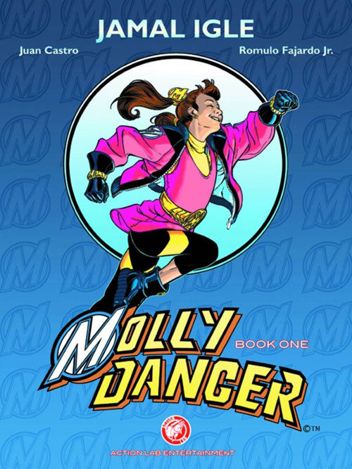 Logo for Molly Danger, featuring the character in a heroric pose.