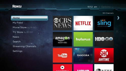 A menu screen showing icons for CBS News, Netflix, hulu, Amazon Prime Video, YouTube, and other streaming apps and services.