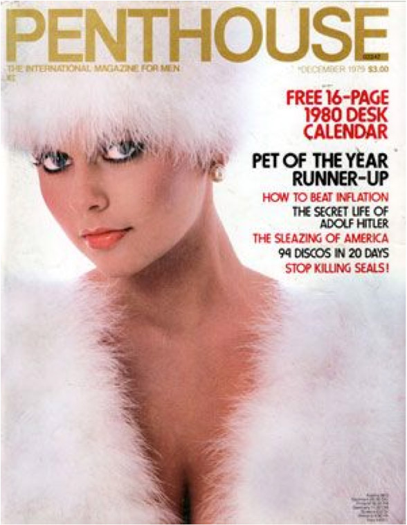 An old cover of Penthouse magazine, featuring a woman in a fur outfit