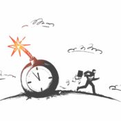 Businessman running from a lit bomb. Bomb has a clock face on it, signifying an imposing deadline.