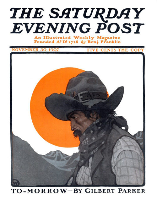 Profile view of a cowboy. The sun sets over a mountain range behind him.