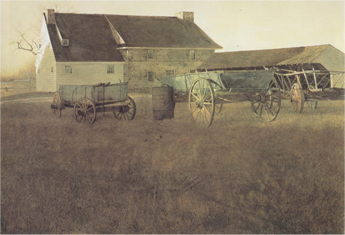 A farm scene, featuring wooden wagons, barrels, and a farm house.