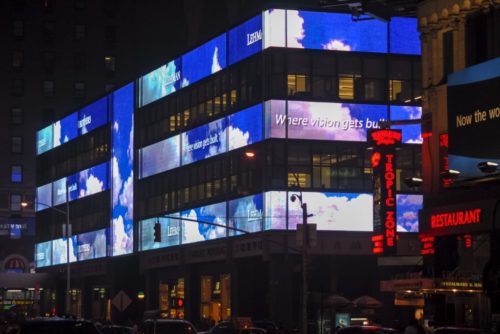 The front façade of Lehman Brother's HQ, with LCD displays.