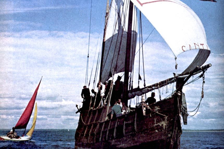 The vessel Niña II at sea, with a sail boat following closely behind.