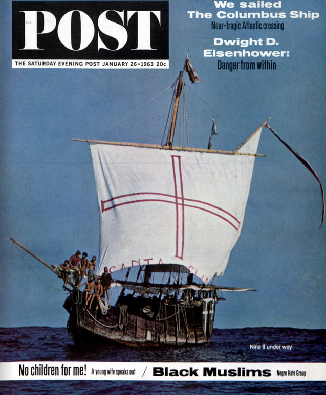 Cover of the January 26, 1963 issue of the Saturday Evening Post, featuring the recreated vessel Niña in open seas.