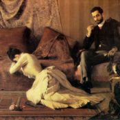 Woman in Victorian dress on a bed crying into a pillow, while a bearded man with a pipe, and a rabbit, stare at her.