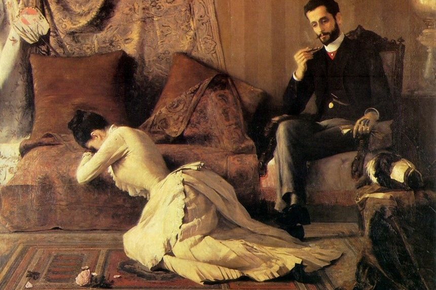 Woman in Victorian dress on a bed crying into a pillow, while a bearded man with a pipe, and a rabbit, stare at her.