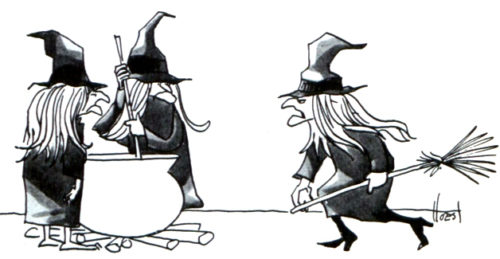 Upset witch talks to her sisters at a brewing pot.