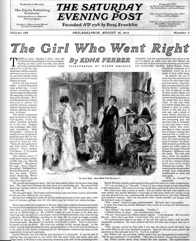 The first page of the short story "The Girl Who Went Right" by Edna Ferber, as it was published in the Saturday Evening Post