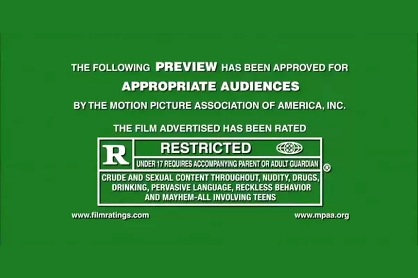 The MPAA's "R" rating warning screen. 