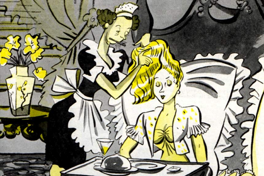A maid fixing her employer's hair as she sits in bed with a breakfast tray