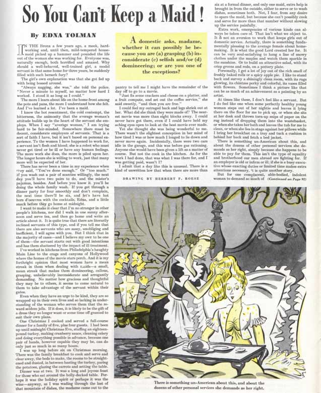 First page of the article “So You Can’t Keep a Maid!” by Edna Tolman,.
