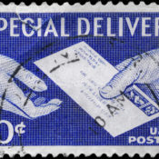 U.S. postal stamp showing a letter being passed between two hands.